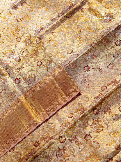 Beautiful Gold Tissue Bridal Vanasingaram Pure Kanjivaram Silk Saree With Contrast Peach Traditional Evening Morning Border