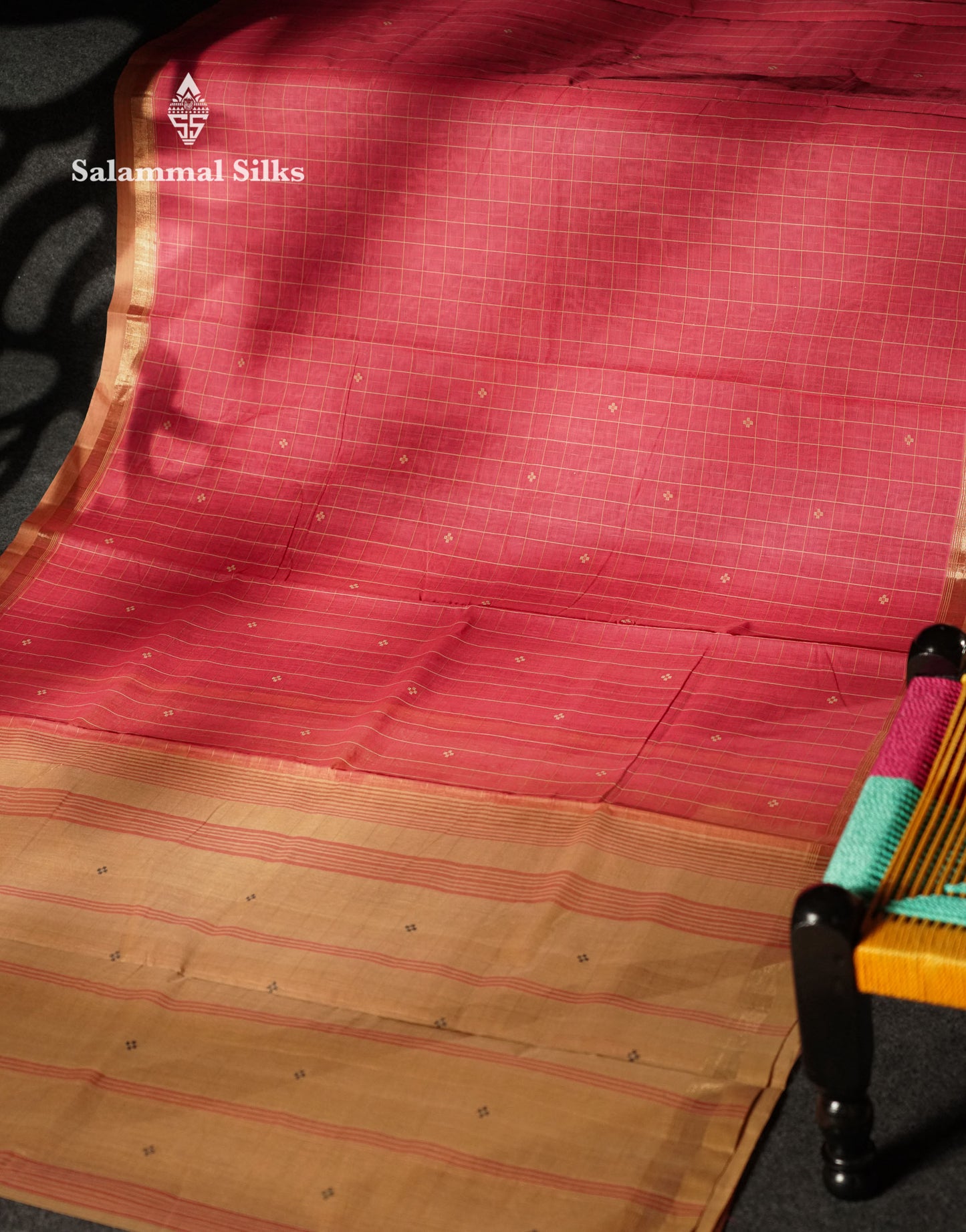 Beautiful Pink Thread Checks And Buttas Handloom Pure Cotton Saree With Beige Border