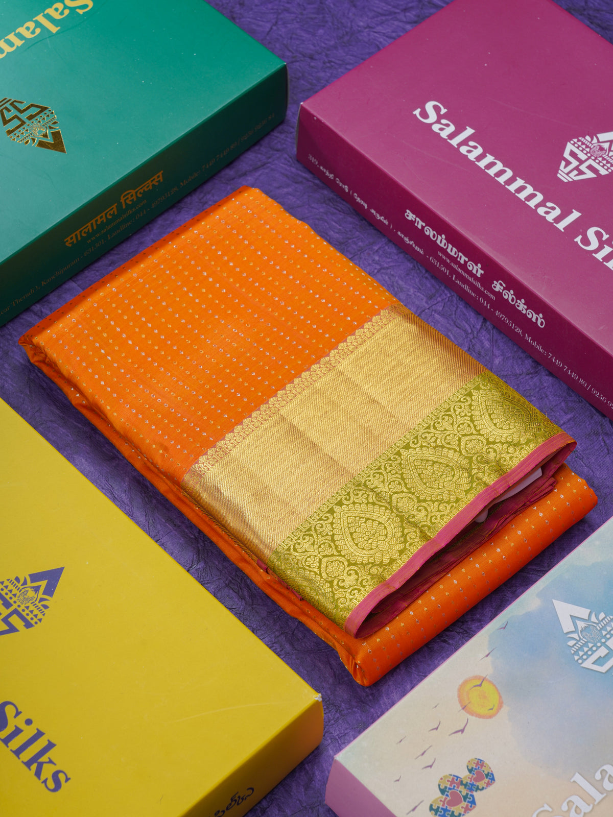 Fanta Orange Beautiful Gold And Silver Zari Lines Pure Kanjivaram Silk Saree With Evening Morning Border