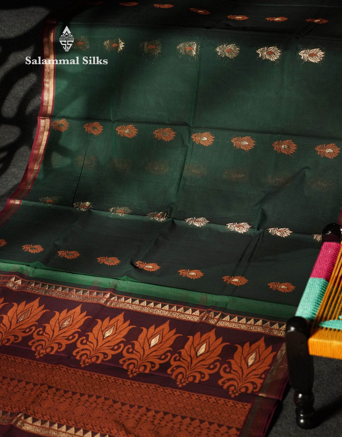 Beautiful Bottle Green Thread Buttas Handloom Pure Cotton Saree With Maroon Traditional Border