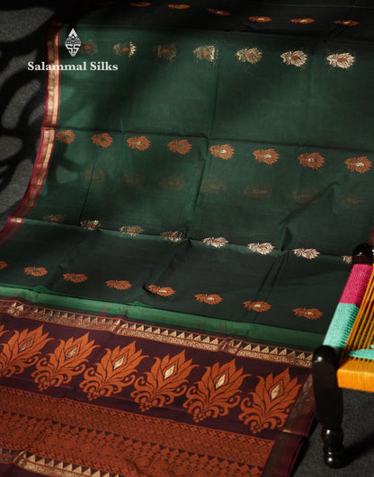 Beautiful Bottle Green Thread Buttas Handloom Pure Cotton Saree With Maroon Traditional Border