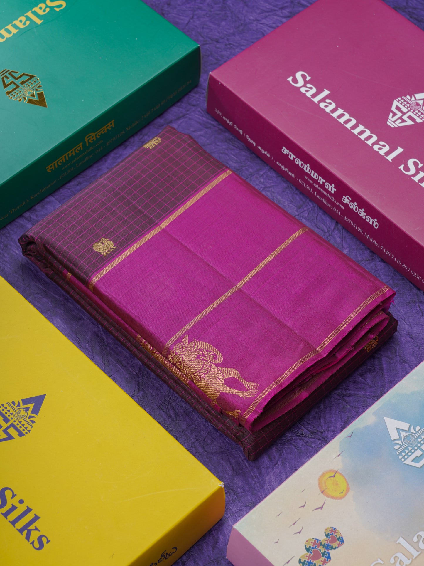 Dark Purple Beautiful Thread Checks Pure Kanjivaram Silk Saree With Vadamalli Traditional Butta Border