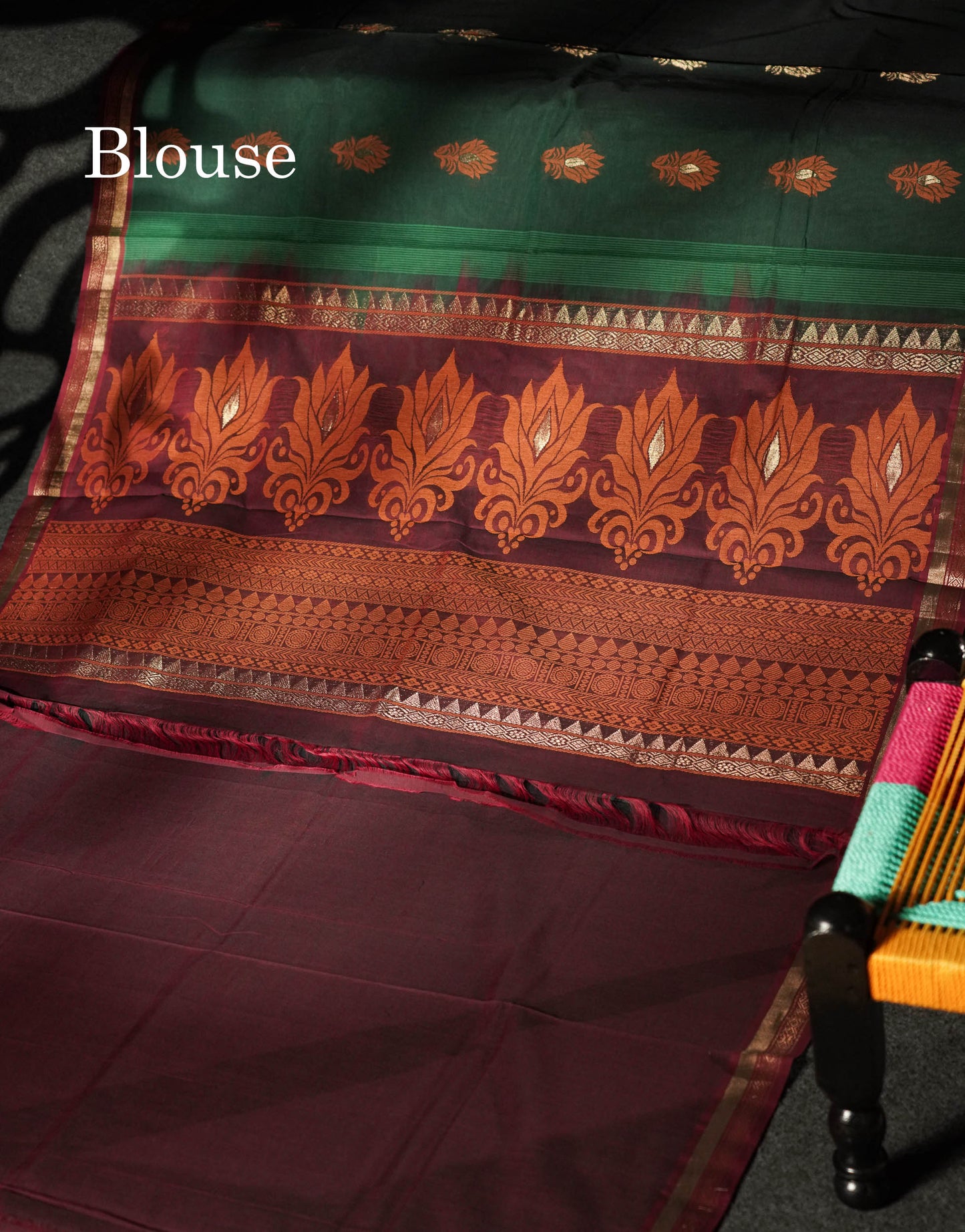 Beautiful Bottle Green Thread Buttas Handloom Pure Cotton Saree With Maroon Traditional Border