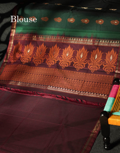 Beautiful Bottle Green Thread Buttas Handloom Pure Cotton Saree With Maroon Traditional Border