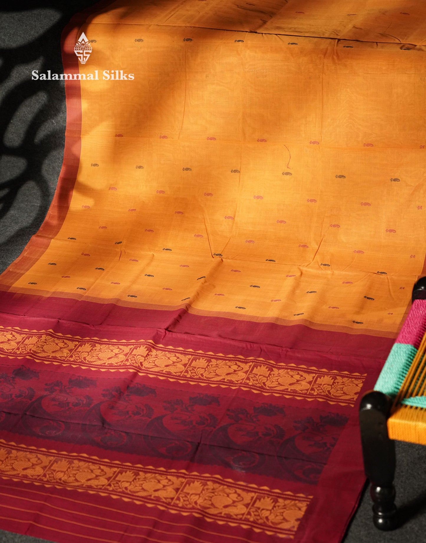Beautiful Yellow Thread Buttas Handloom Pure Cotton Saree With Maroon Border