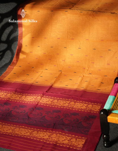 Beautiful Yellow Thread Buttas Handloom Pure Cotton Saree With Maroon Border
