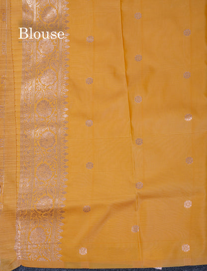 Beautiful Peacock Green Semi Banaras Saree With Fancy Border