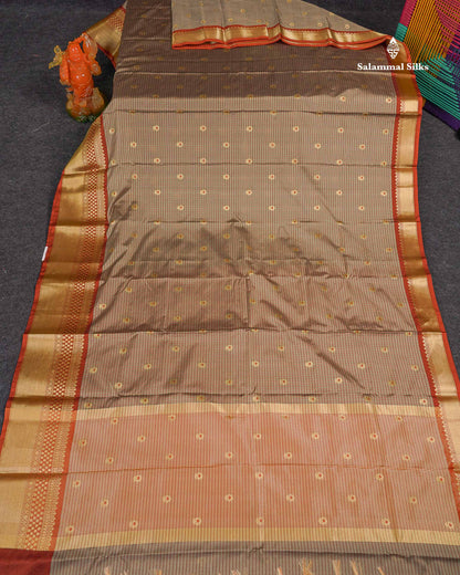 Semi Silk Saree - Light Chocolate Colour Body With Small Checks & Contrast Maroon Border