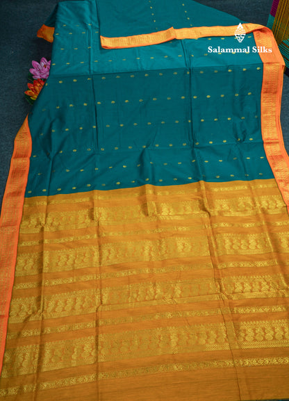 Peacock Green Kalyani Cotton Saree With Contrast Mustard Yellow Border