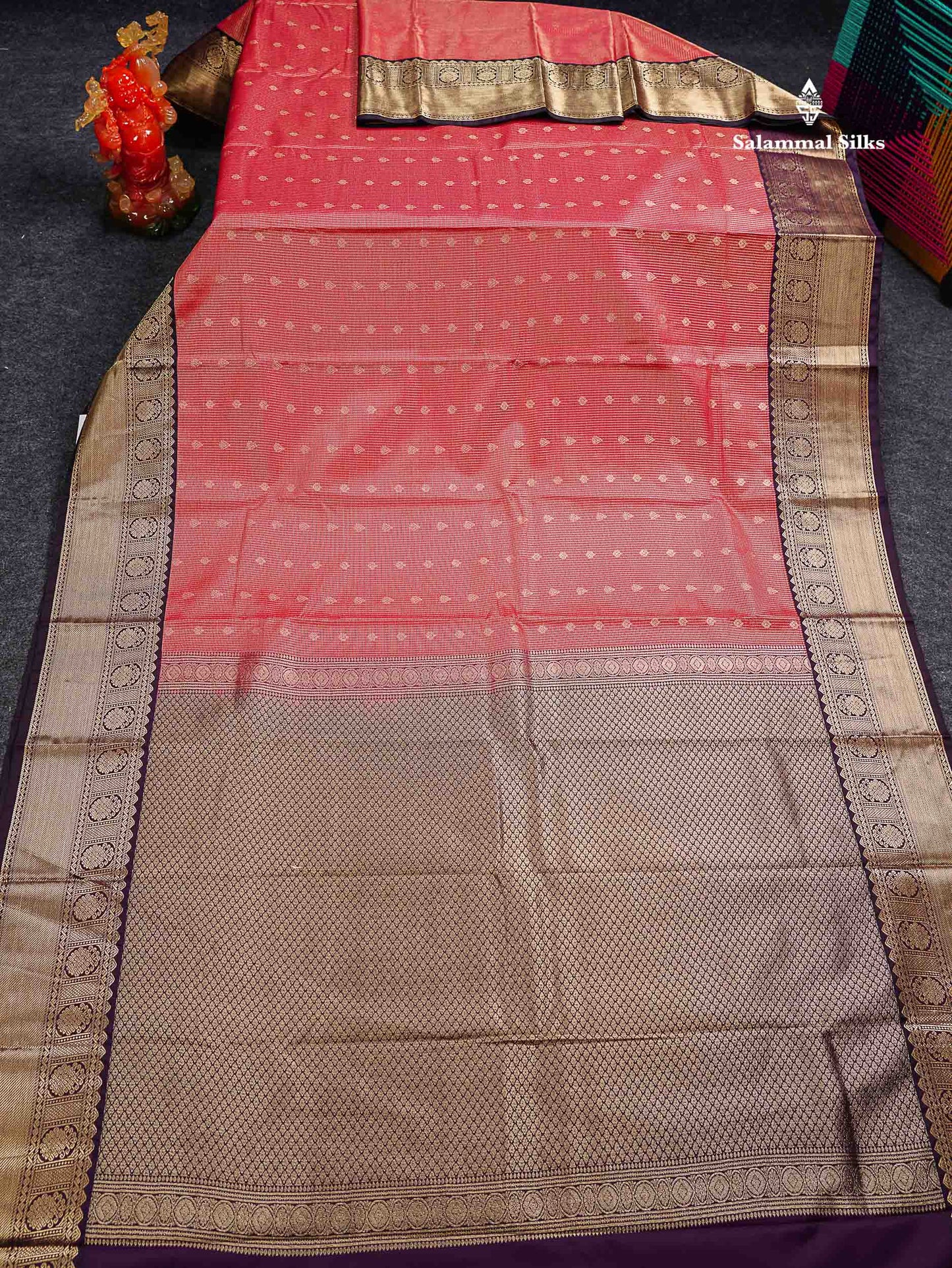 Redish Pink Tiny Vaira Oosi Checks With Butta Semi Silk Saree With Contrast Dark Brown Traditional Border