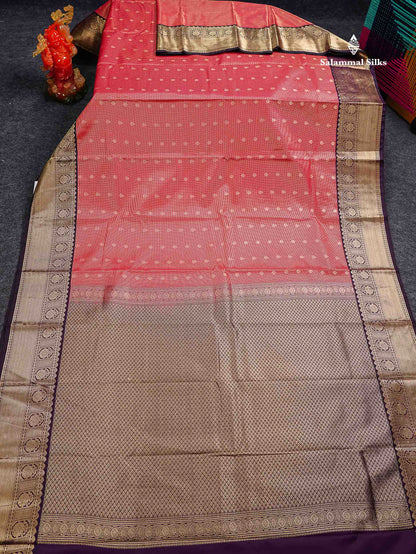 Redish Pink Tiny Vaira Oosi Checks With Butta Semi Silk Saree With Contrast Dark Brown Traditional Border