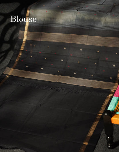 Beautiful Grey Thread Work Butta Handloom Pure Cotton Saree With Contrast Black Blouse