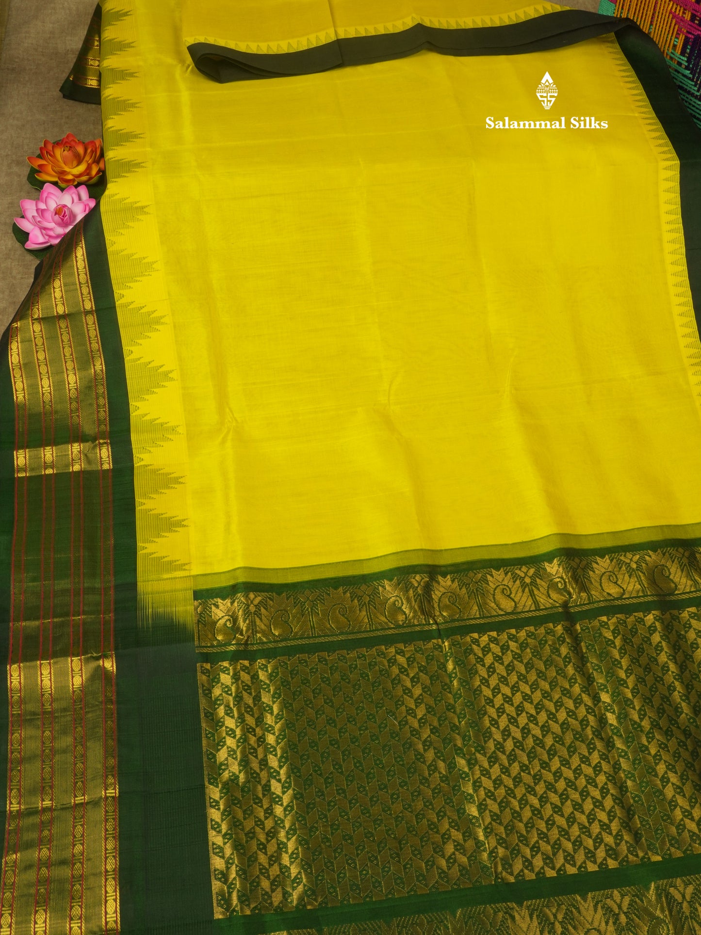 Lemon Yellow Plain Pure Silk Cotton Saree With Contrast Bottle Green Traditional Temple Border