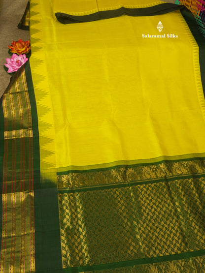 Lemon Yellow Plain Pure Silk Cotton Saree With Contrast Bottle Green Traditional Temple Border