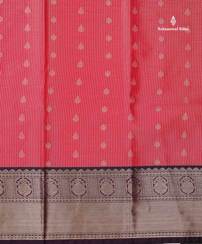 Redish Pink Tiny Vaira Oosi Checks With Butta Semi Silk Saree With Contrast Dark Brown Traditional Border
