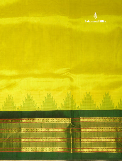 Lemon Yellow Plain Pure Silk Cotton Saree With Contrast Bottle Green Traditional Temple Border
