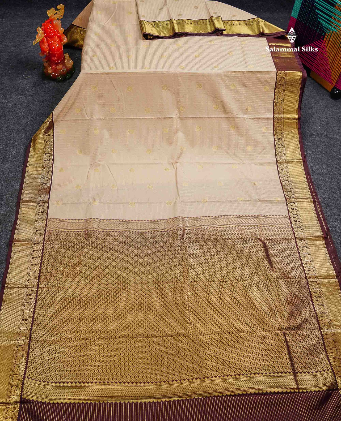 Beige Small Checks With Butta Semi Silk Saree With Contrast Dark Brown Traditional Border