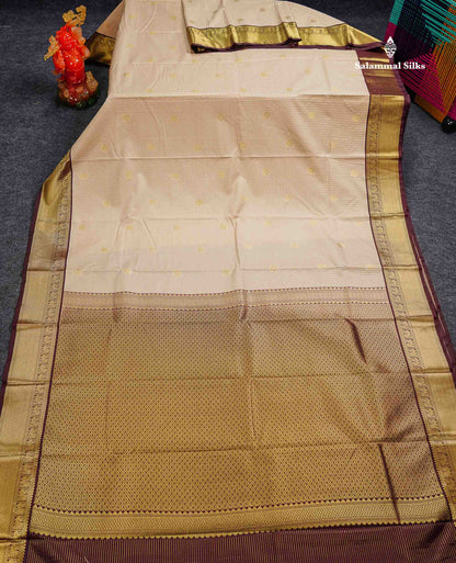 Beige Small Checks With Butta Semi Silk Saree With Contrast Dark Brown Traditional Border