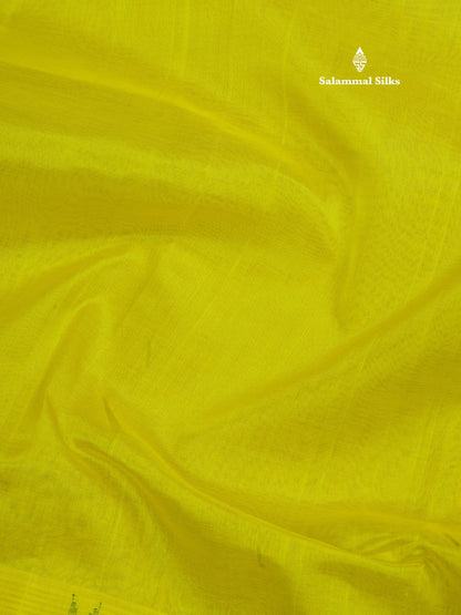 Lemon Yellow Plain Pure Silk Cotton Saree With Contrast Bottle Green Traditional Temple Border