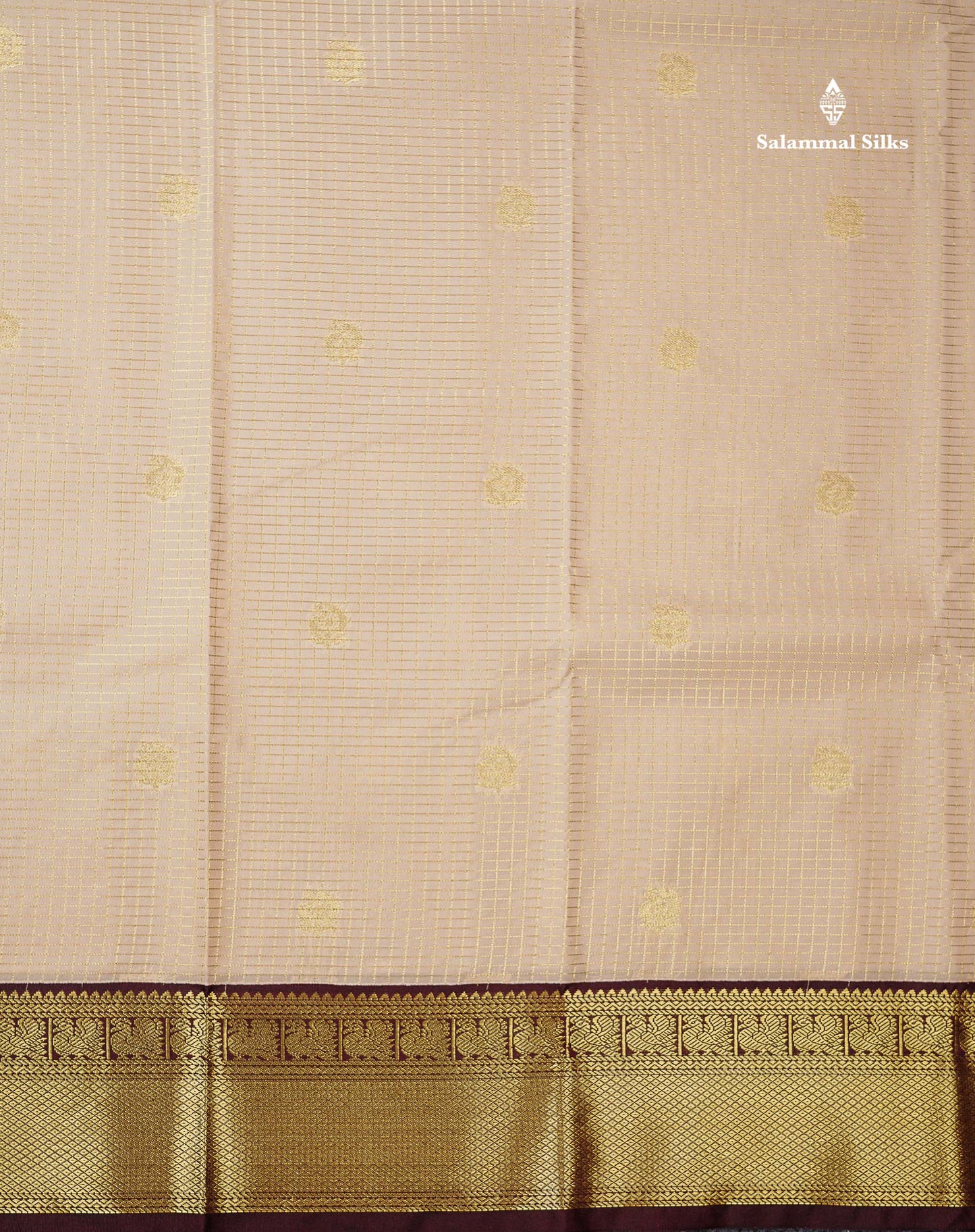 Beige Small Checks With Butta Semi Silk Saree With Contrast Dark Brown Traditional Border