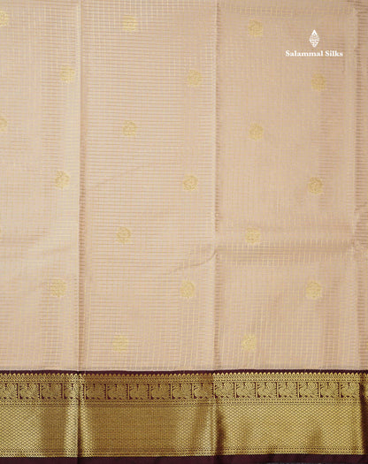 Beige Small Checks With Butta Semi Silk Saree With Contrast Dark Brown Traditional Border