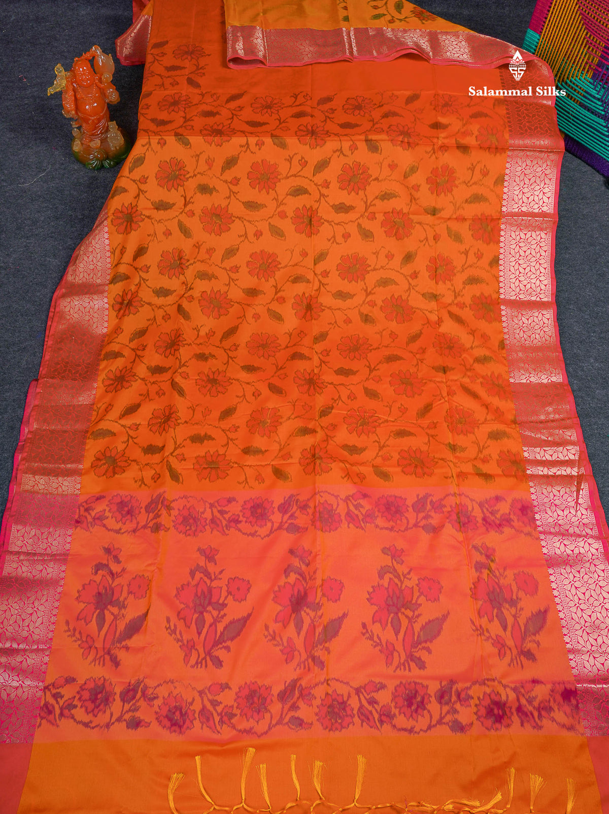 Semi Silk Saree - Orange Colour Body Pochampally Design With Fancy Border 