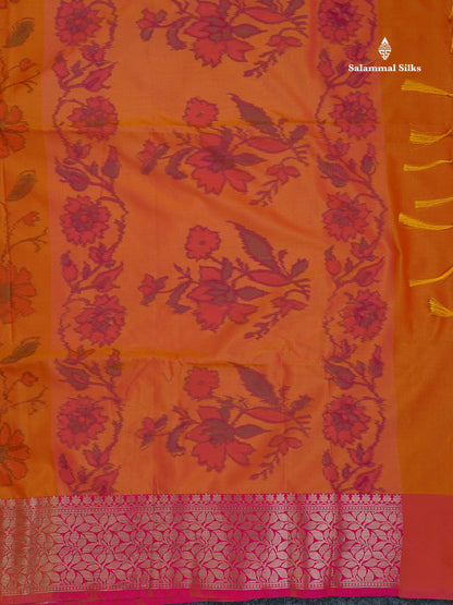 Semi Silk Saree - Orange Colour Body Pochampally Design With Fancy Border