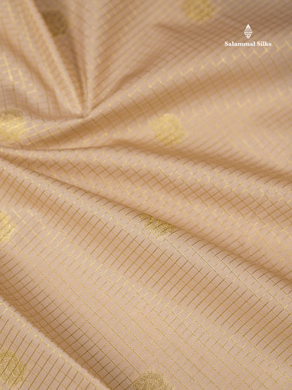 Beige Small Checks With Butta Semi Silk Saree With Contrast Dark Brown Traditional Border