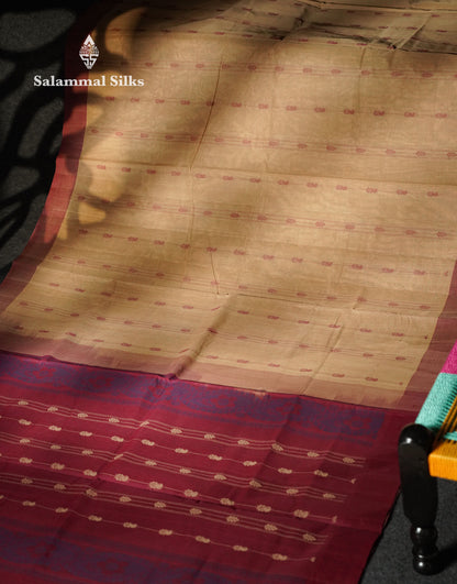 Beautiful Beige Thread Buttas Handloom Pure Cotton Saree With Maroon Border