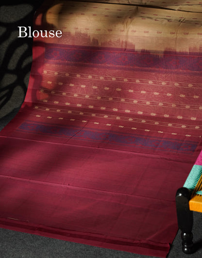 Beautiful Beige Thread Buttas Handloom Pure Cotton Saree With Maroon Border