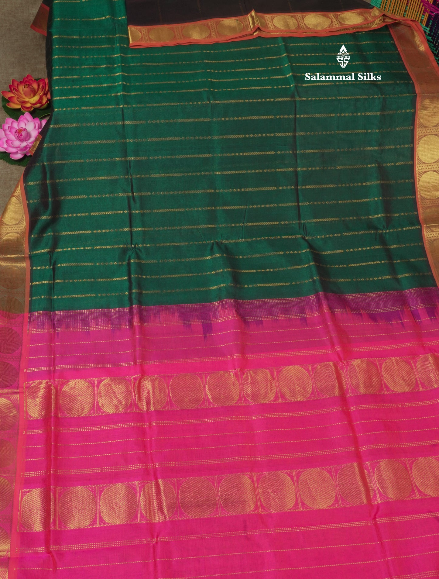 Bottle Green Pure Silk Cotton Saree With Contrast Mustard Yellow Traditional Border