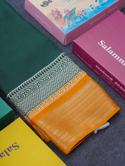 Bottle Green Plain Semi Mysore Silk Saree With Mustard Yellow Traditinal Border