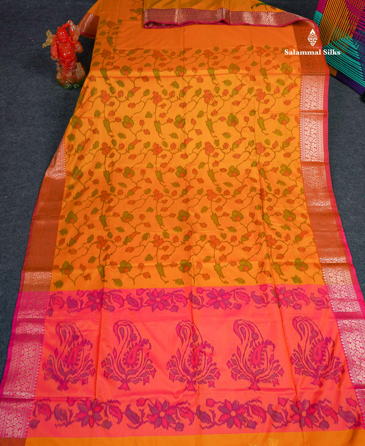 Semi Silk Saree - Mustard Yellow Colour Body Pochampally Design With Fancy Border