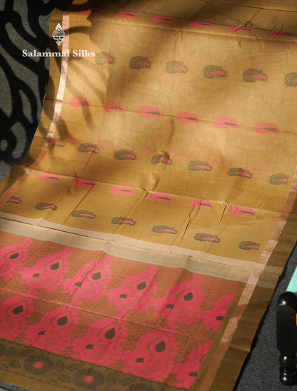 Beautiful Mustard Yellow Thread Buttas Handloom Pure Cotton Saree With Mehandi Green Border