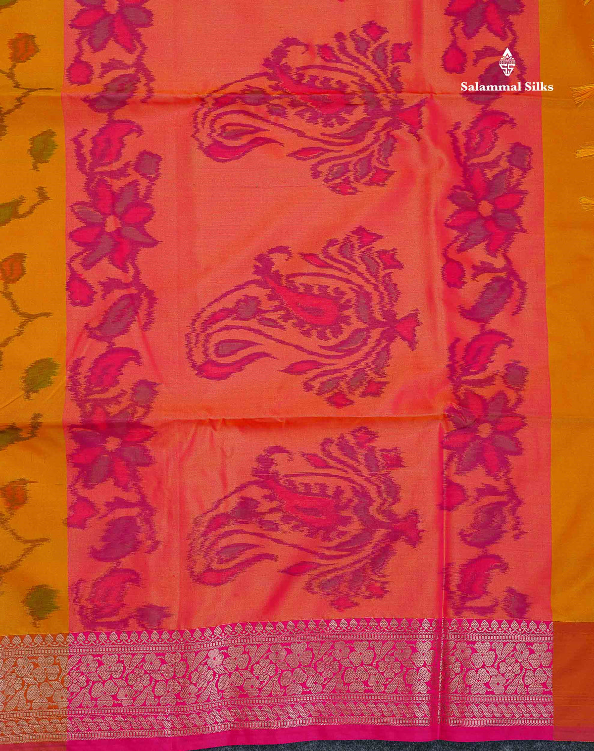 Semi Silk Saree - Mustard Yellow Colour Body Pochampally Design With Fancy Border