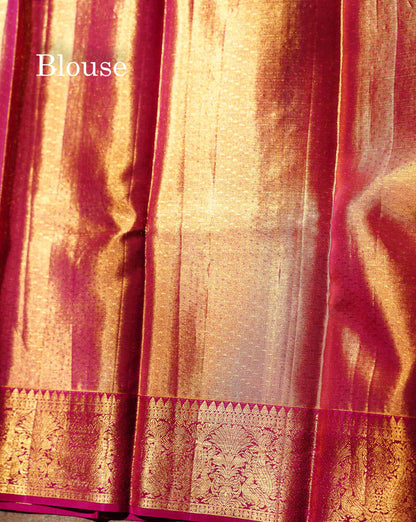 Beautiful Light Violet Tissue Bridal Pure Kanjivaram Silk Saree With Contrast Pink Traditional Evening Morning Border