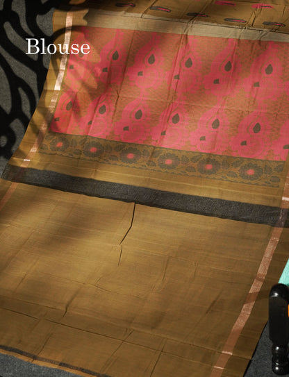 Beautiful Mustard Yellow Thread Buttas Handloom Pure Cotton Saree With Mehandi Green Border
