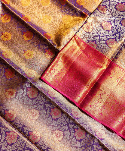 Beautiful Light Violet Tissue Bridal Pure Kanjivaram Silk Saree With Contrast Pink Traditional Evening Morning Border