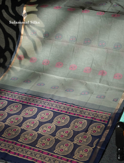 Beautiful Light Grey Thread Buttas Handloom Pure Cotton Saree With Navy Blue Small Border