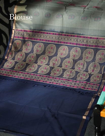 Beautiful Light Grey Thread Buttas Handloom Pure Cotton Saree With Navy Blue Small Border