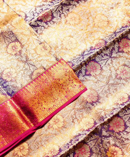 Beautiful Light Violet Tissue Bridal Pure Kanjivaram Silk Saree With Contrast Pink Traditional Evening Morning Border