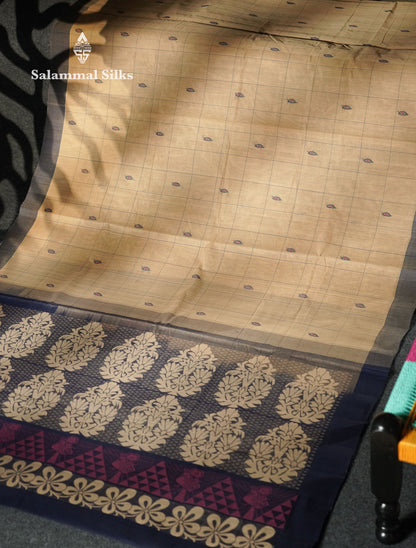 Beautiful Sandal Thread Buttas And Checks Handloom Pure Cotton Saree With Navy Blue Border