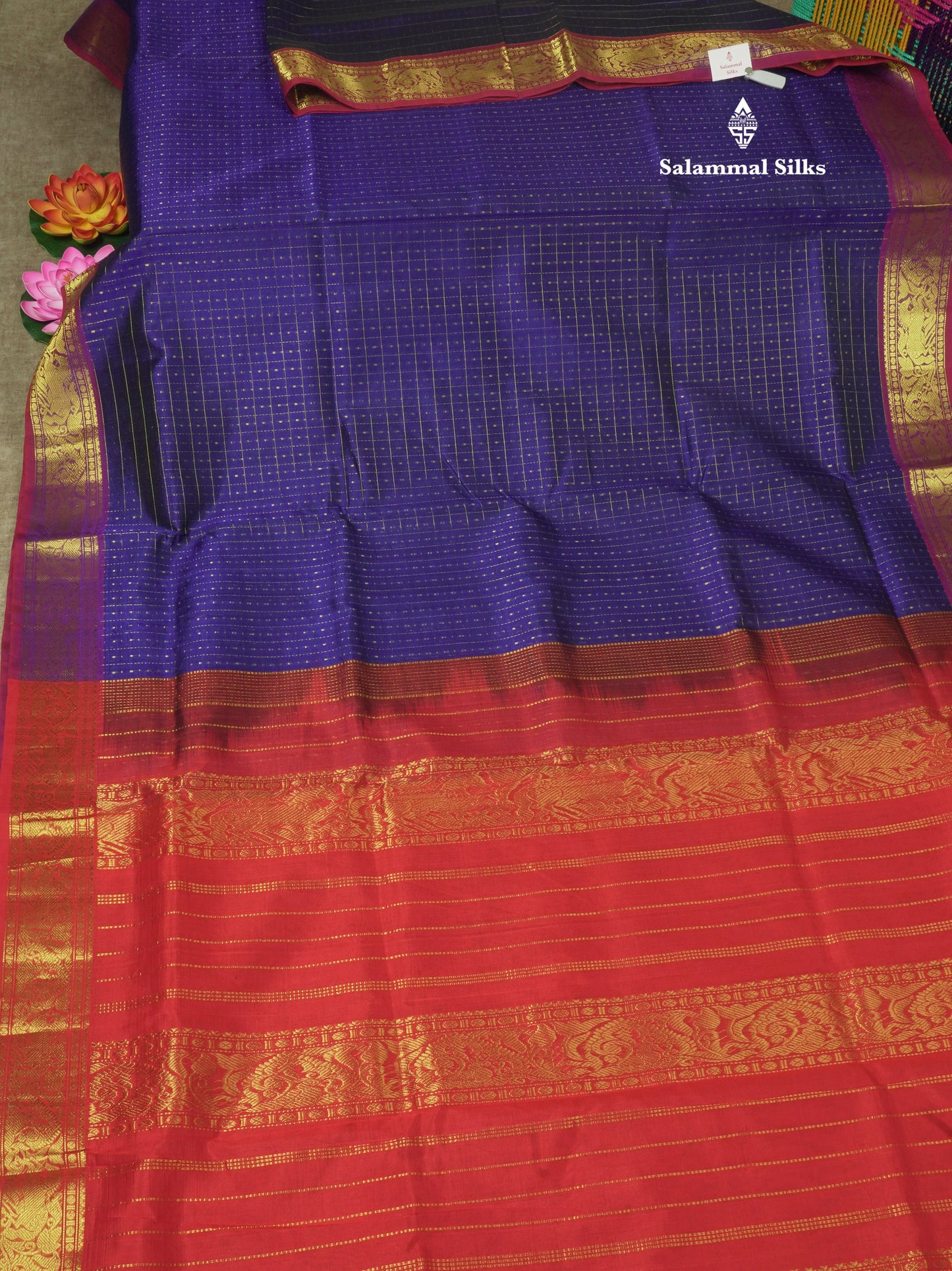 Royal Blue Zari Checks Pure Silk Cotton Saree With Traditional Gold Zari Border