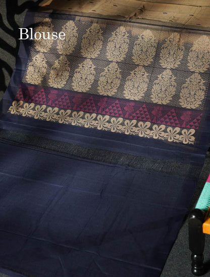 Beautiful Sandal Thread Buttas And Checks Handloom Pure Cotton Saree With Navy Blue Border