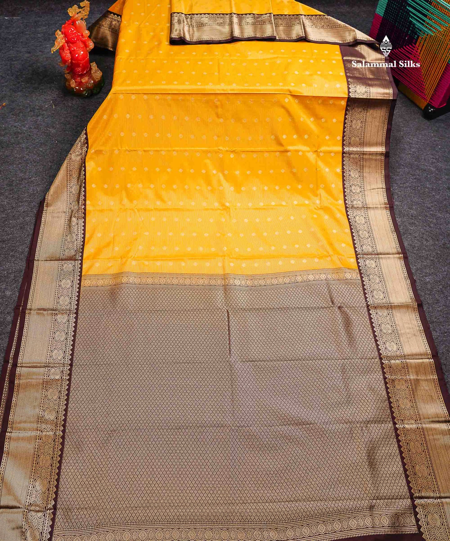 Semi Silk Saree - Mustard Yellow Butta With Vaira Oosi Lines Along With Contrast Dark Brown Traditional Border