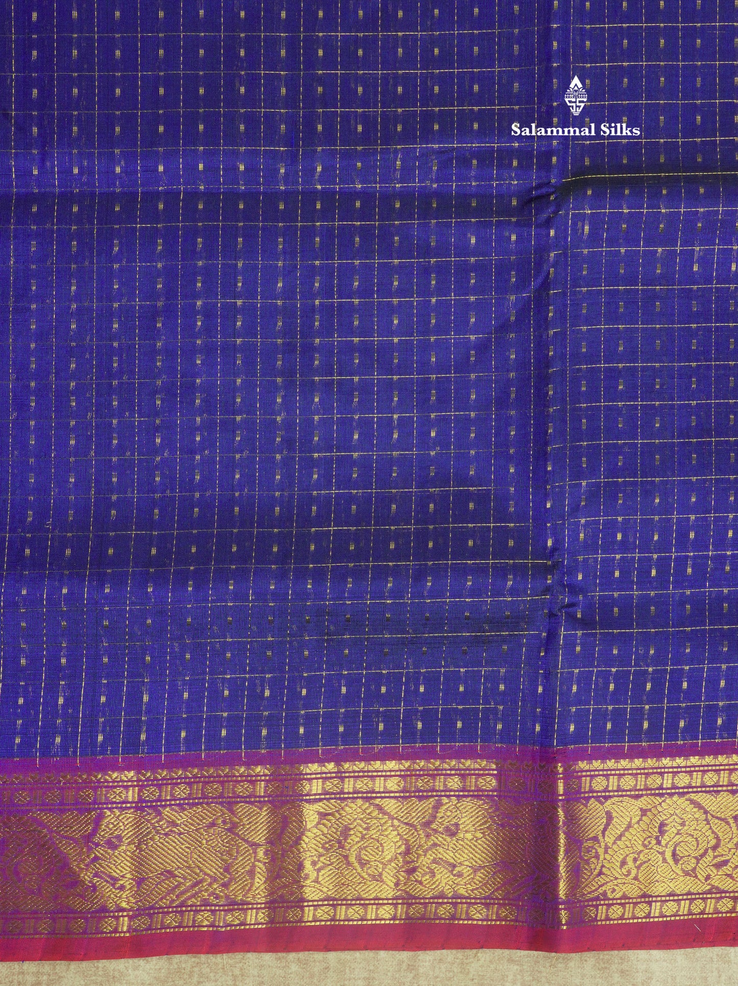 Royal Blue Zari Checks Pure Silk Cotton Saree With Traditional Gold Zari Border