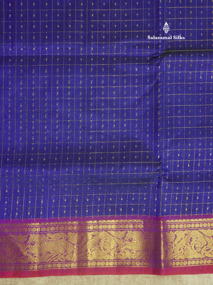 Royal Blue Zari Checks Pure Silk Cotton Saree With Traditional Gold Zari Border