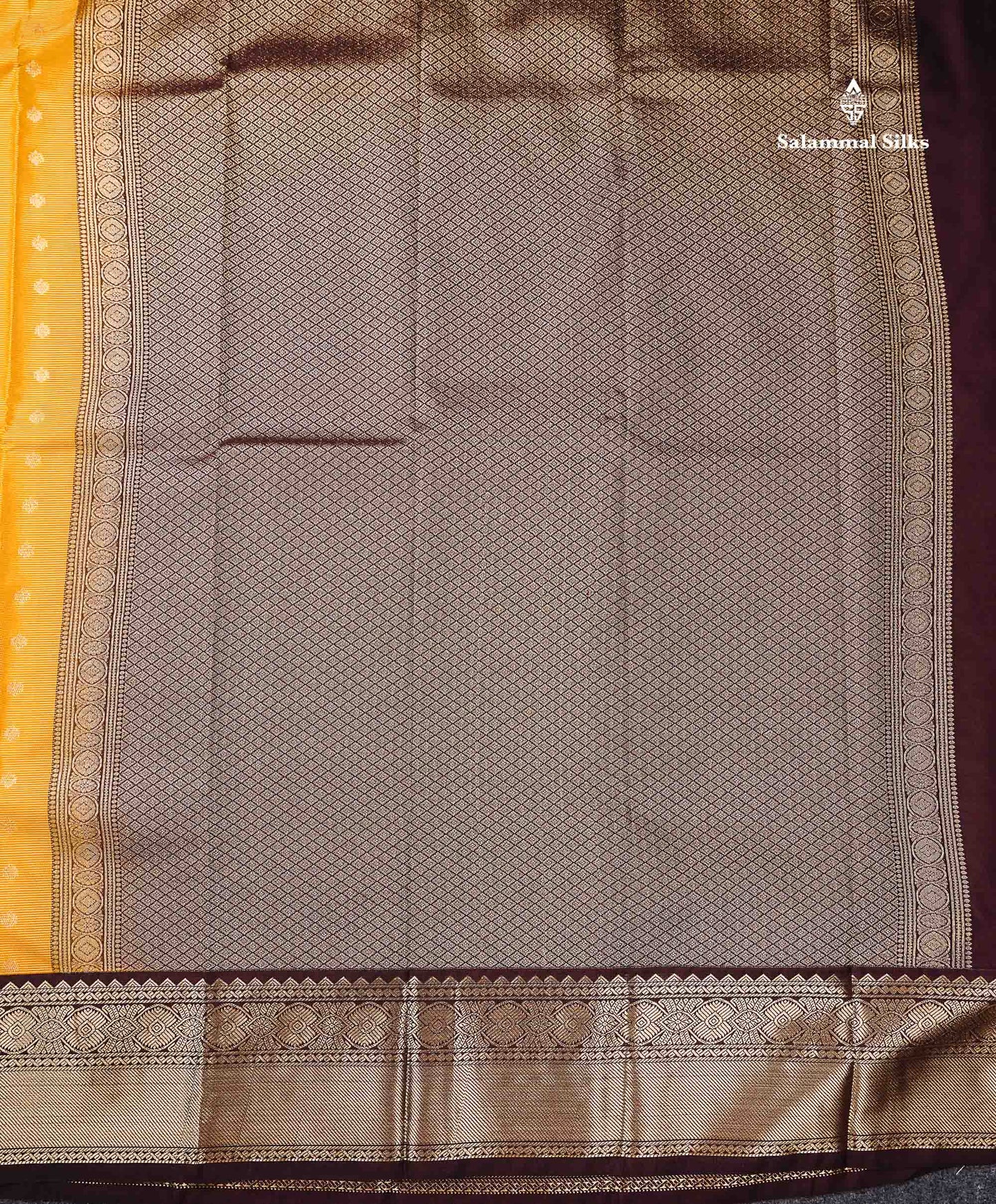 Semi Silk Saree - Mustard Yellow Butta With Vaira Oosi Lines Along With Contrast Dark Brown Traditional Border