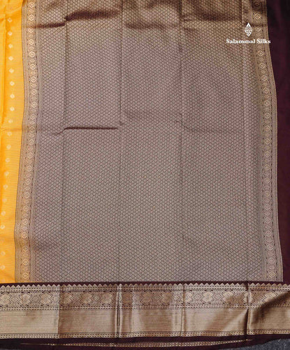 Semi Silk Saree - Mustard Yellow Butta With Vaira Oosi Lines Along With Contrast Dark Brown Traditional Border