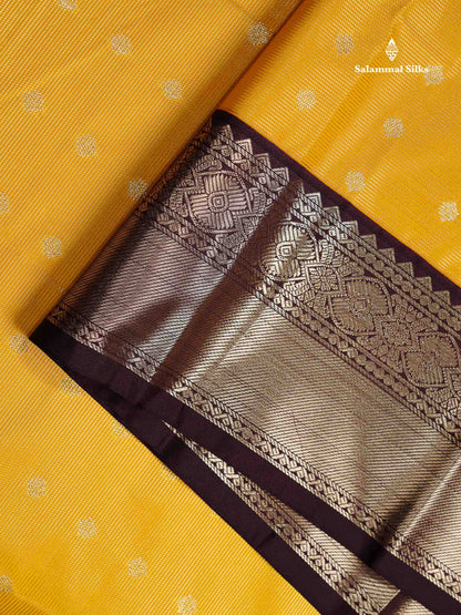 Semi Silk Saree - Mustard Yellow Butta With Vaira Oosi Lines Along With Contrast Dark Brown Traditional Border